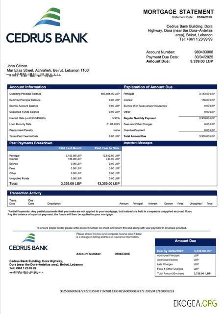 Modèle Word et PDF de relevé hypothécaire de la Banque Cedrus du Liban